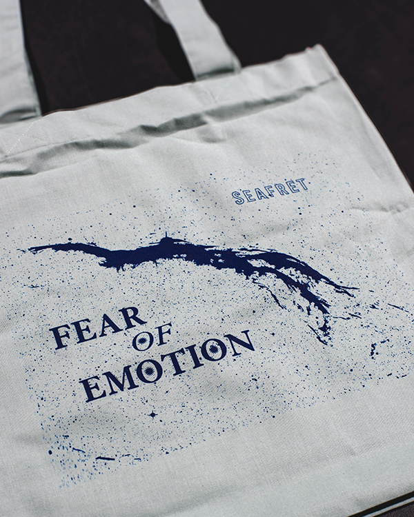 Screen printed Fear Of Emotion tote bag with detailed blue artwork